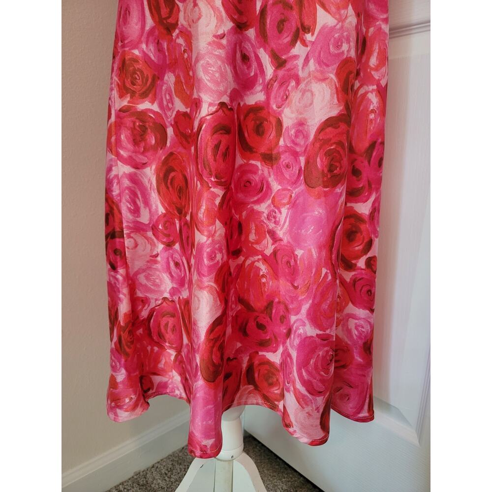 Pink Floral Rose Print Wrap Top & Flare Skirt Set Sz M Satin Lightweight Travel - Picture 7 of 13
